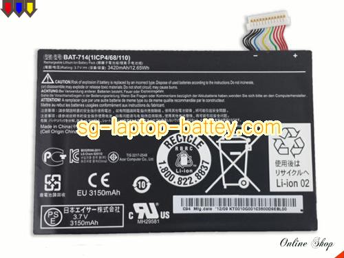 Replacement ACER BAT-714 Laptop Battery KT0010G001 rechargeable 3420mAh, 12.65Wh Black In Singapore 